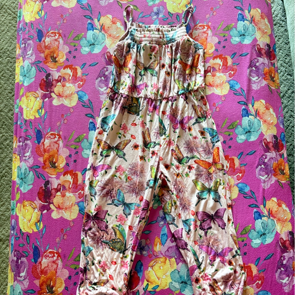 Posh Peanut Pink Floral & Multicolor Butterfly Sleeveless Jumpsuit